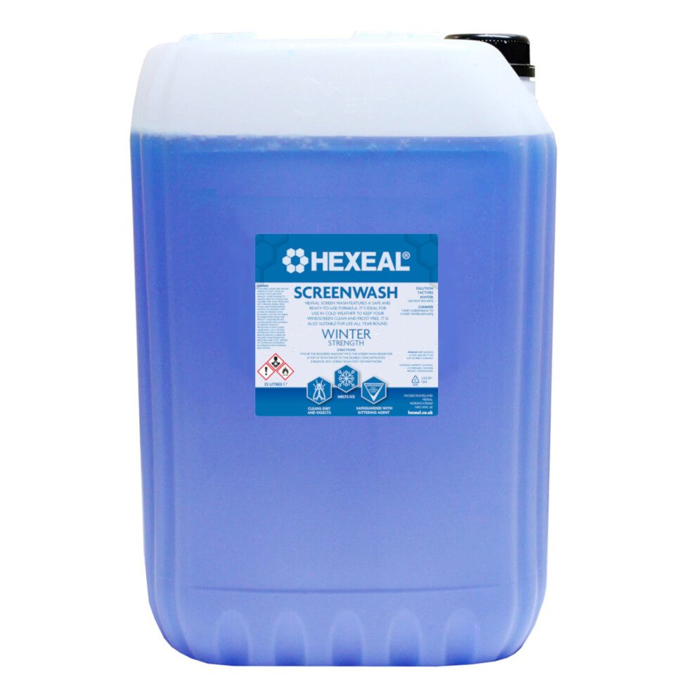 Hexeal Screenwash 25L Winter Strength, Concentrate, Ready To Use, Windshield Wiper Fluid, Improve Vision, Reduce Frost & Buildup Of Dirt