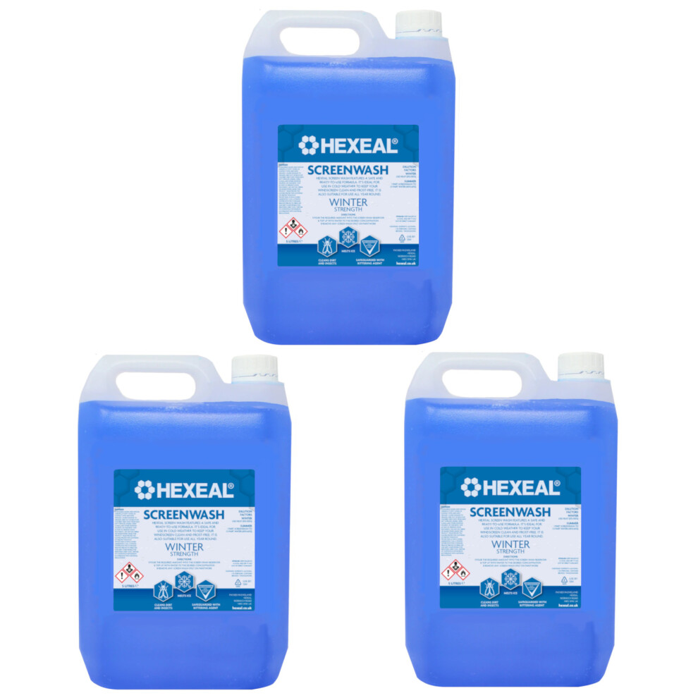 Hexeal Screenwash 15L Winter Strength, Concentrate, Ready To Use, Windshield Wiper Fluid, Improve Vision, Reduce Frost & Buildup Of Dirt 5060727634389