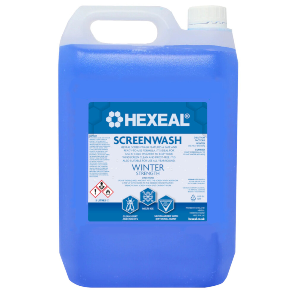 Hexeal Screenwash 5L Winter Strength, Concentrate, Ready To Use, Windshield Wiper Fluid, Improve Vision, Reduce Frost & Buildup Of Dirt 5060727634365