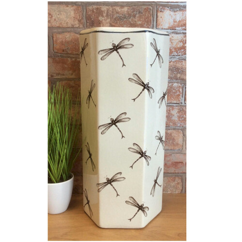 (Black and White Dragonflies) Hexagonal Ceramic Umbrella/Stick Stand Large Vase
