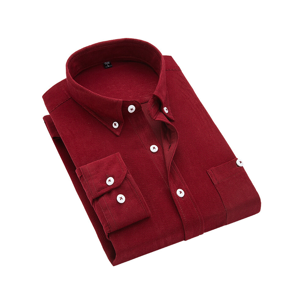 (Wine, L) Corduroy Men Blouses Solid Jacket Casual Shirts Collar Long Sleeve Shirt Tops