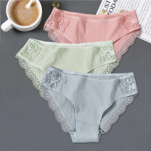 (Set 14, 3pcs) 3pcs Womens Cotton Panties Low Rise Underwear Patchwork Lace Briefs