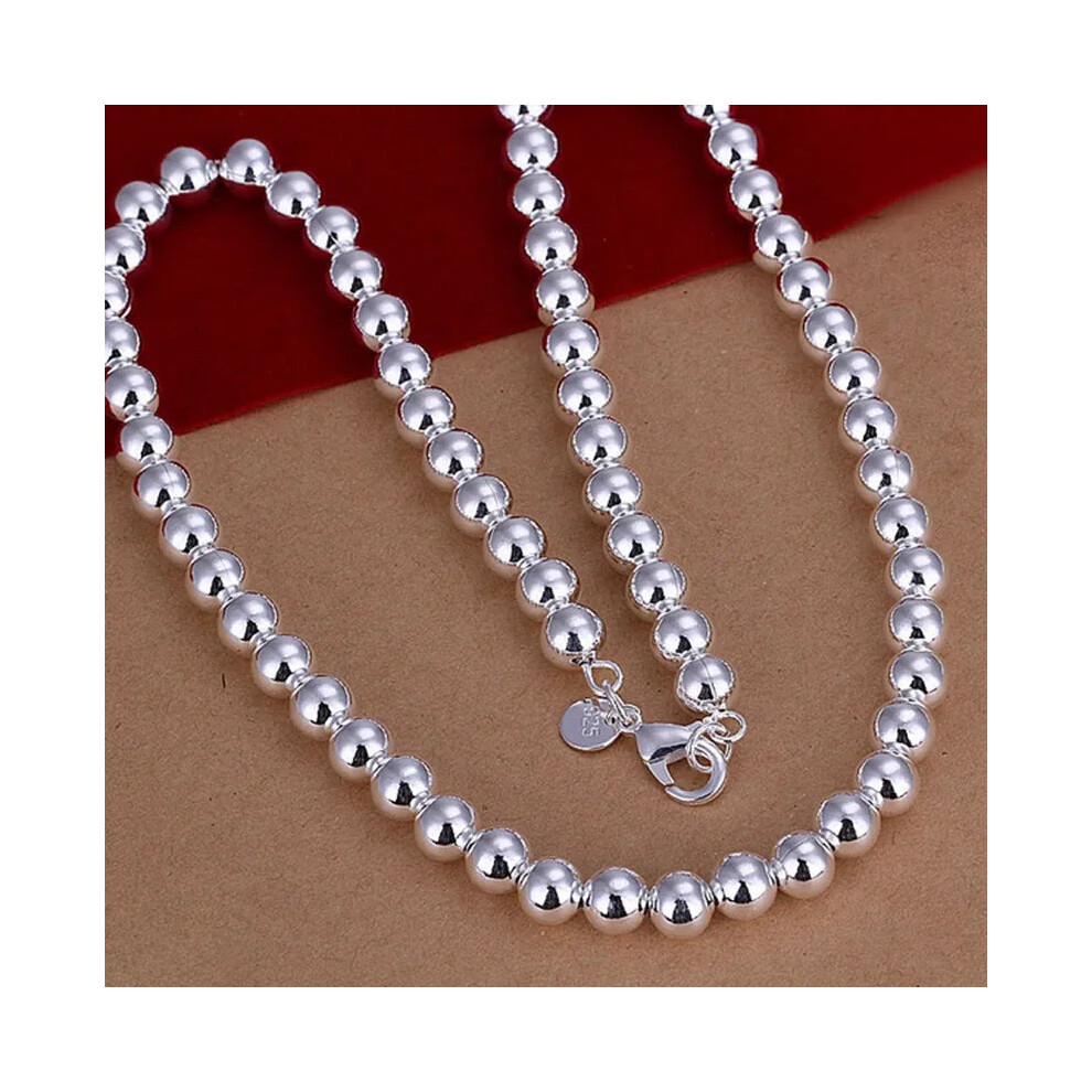 (8MM50CM Necklace) 925 Sterling Silver Smooth Beads Ball Chain Necklace For Womens Mens