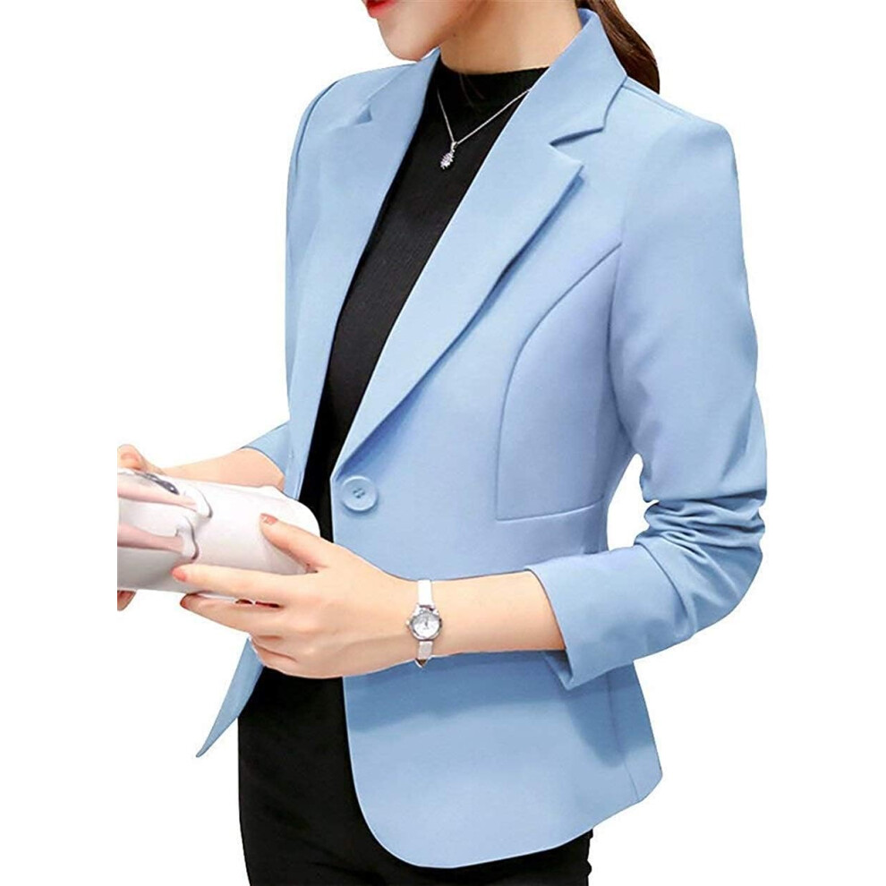 (Light Blue, L) Women's Blazer Casual Business Lapel Long Sleeve One Button Work Office Jacket