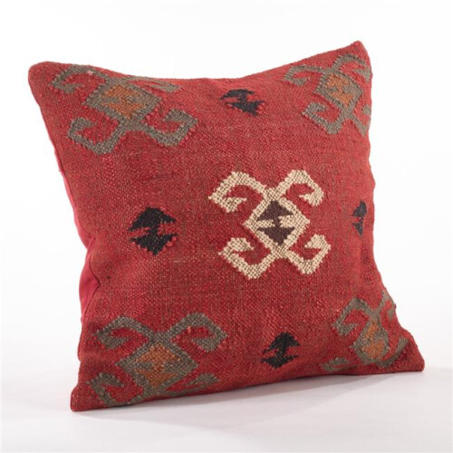 SARO  20 in. Square Kilim Design Down Filled Throw Pillow - Red
