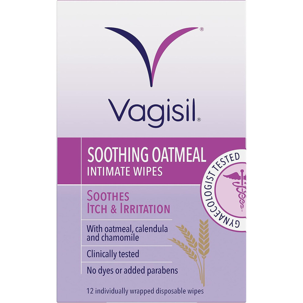 VAGISIL Soothing Oatmeal Intimate Wipes to soothe itch & irritation Contains Tea Tree Oil Gentle Enough For Daily Use12 individually wrapped Wipes