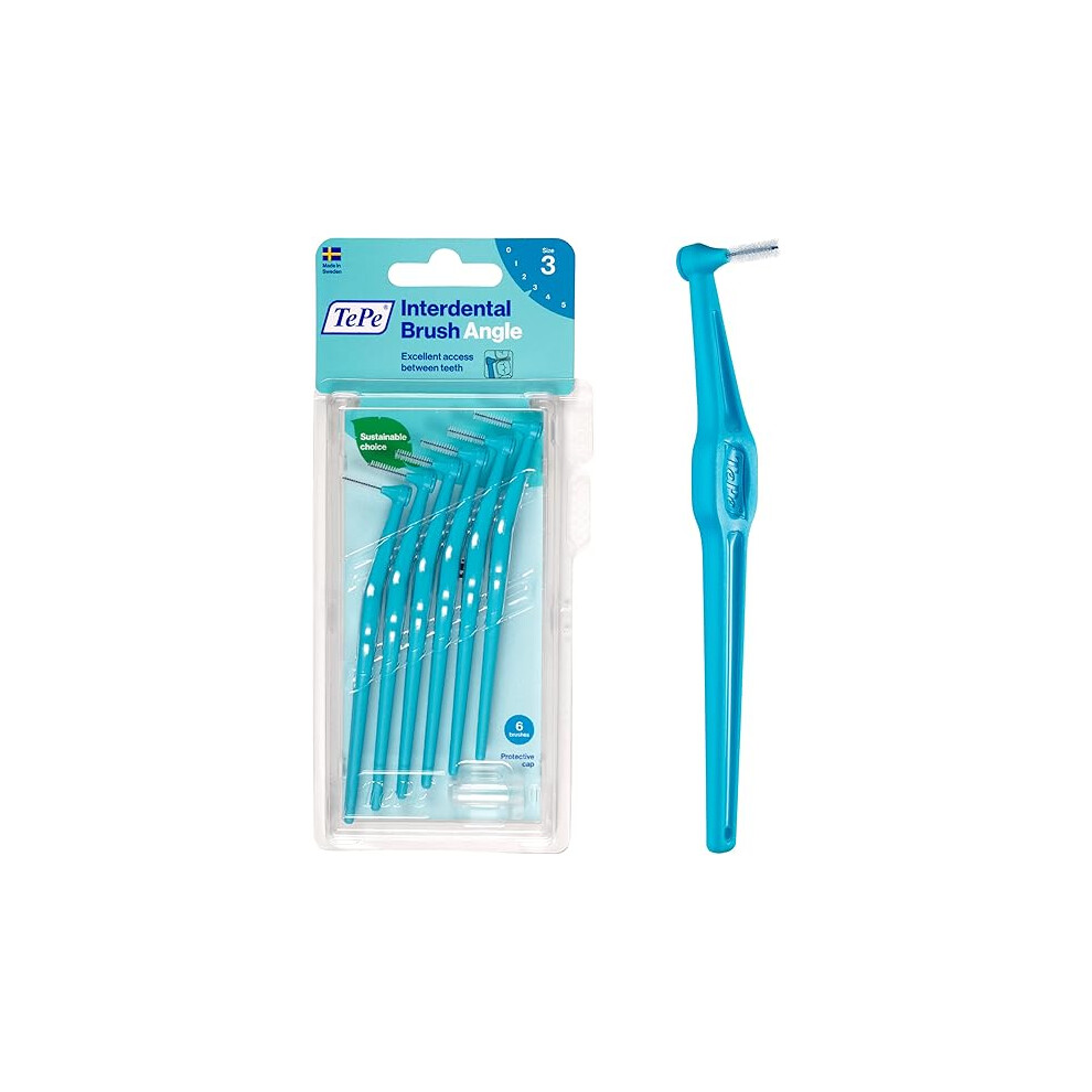 TePe Interdental Brush Angle, Blue, 0.6mm/ISO 3, 6pcs, Plaque Remover, Easy and efficient Cleaning Between Teeth, Tooth Floss for Small Gaps