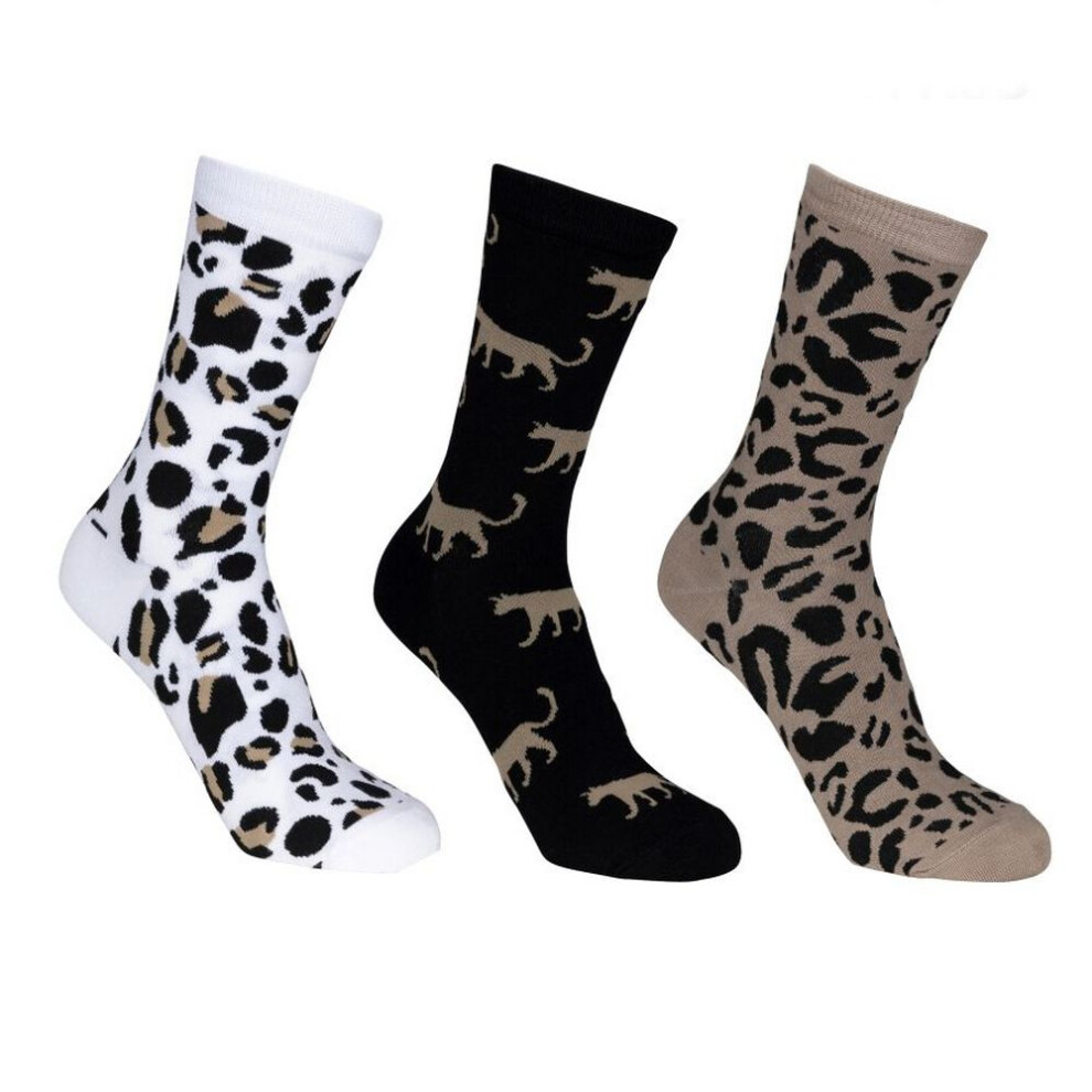 (3 UK-6 UK, Oatmilk/Black/White) Trespass Womens/Ladies Cinco Animal Print Socks (Pack of 3)