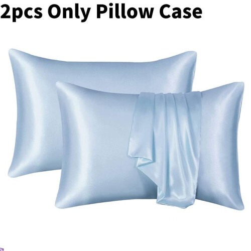 (Sky Blue) 2 Pcs Satin Silk Pillowcase Bedding Pillowslip Solid Color Household Supplies