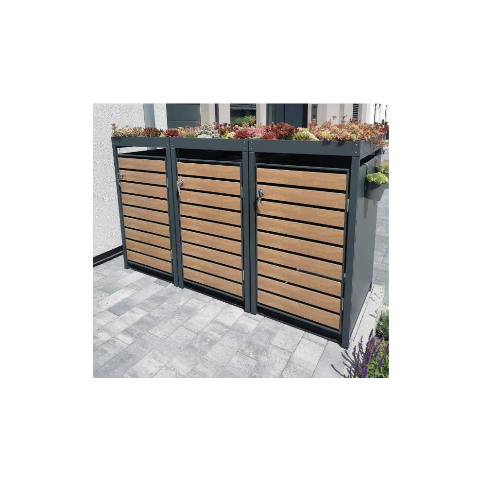 DWDÂ® Triple Wheelie Bin Hideaway with Plant Roof & Wood Effect Doors