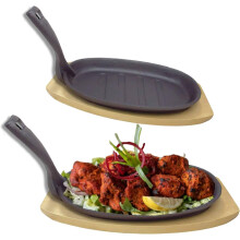 VG-SIZZLER-PLATE-SET-OF-2-24-28: Pre-Seasoned Cast Iron Sizzler Serving Platter Set with Detachable Handle & Wooden Trivets (24cm & 28cm)