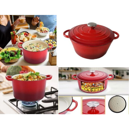 VG® Cast Iron Dutch Oven 3.5L Casserole Pot with Self Braising Lid Red