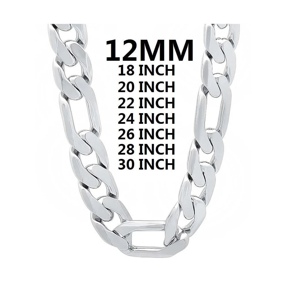 (45cm 18inches) Solid 925 Sterling Silver Necklace For Men Classic 12mm Cuban Chain