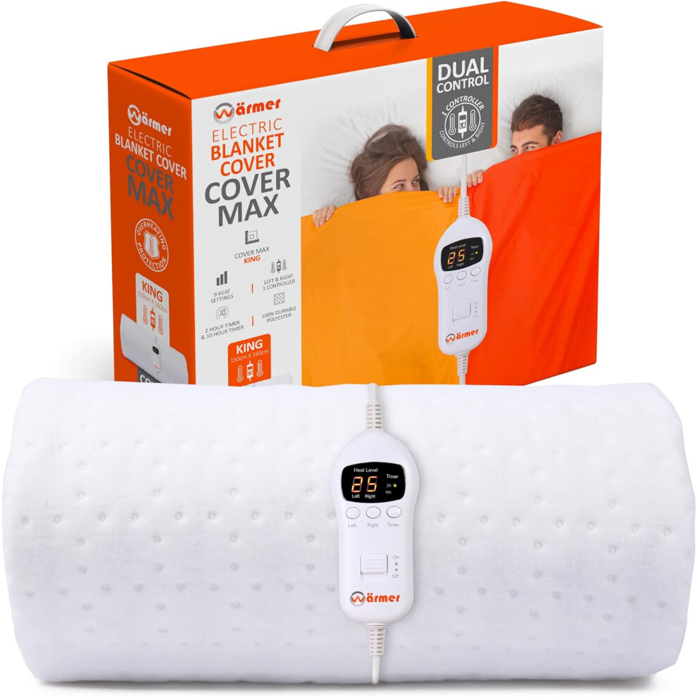 (King) Electric Blanket - King Size, Maximum Coverage, Left & Right Dual Heating Zones, 9 Heat Setting, 2 and 10 Hour Timer - King Size (150cm x 160cm)