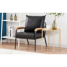Black Modern PU Leather Armchair with Metal Frame & Wooden Armrests