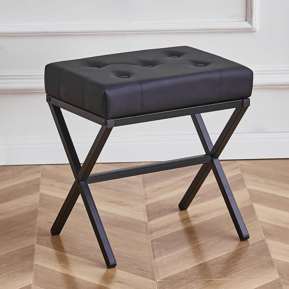Black Faux Leather Modern Tufted Ottoman Foot Stool with Metal X-Leg