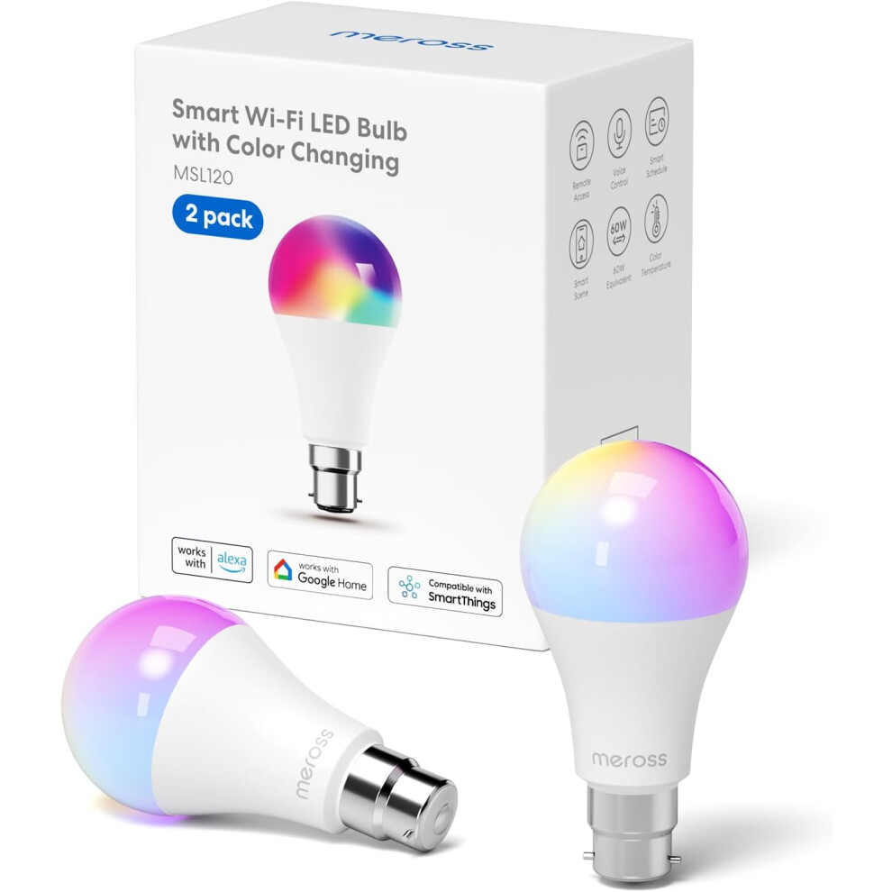 (Pack of 2) MEROSS Smart Light Bulb B22 LED RGB WiFi Alexa Google Remote Control Dimmer Lamp