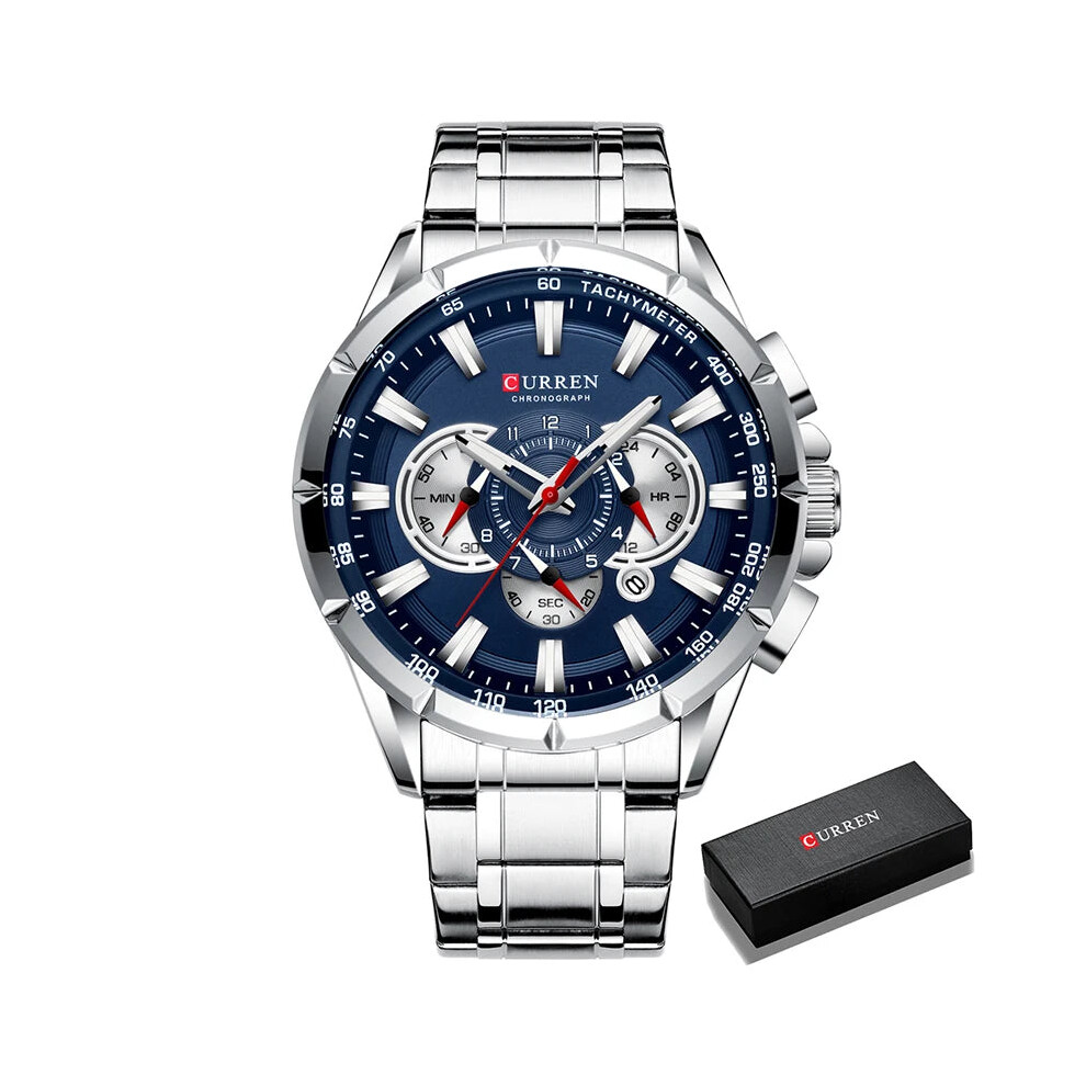 Curren (Silver Blue Box) Mens Chronograph Quartz Watch Waterproof Sport Stainless Steel Wristwatch Blue,Silver