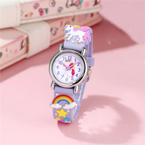Police (Pink) Cute Candy Color Silicone Strap Unicorn Pattern Quartz Childrens Watch 2