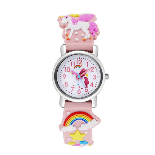 Police (Pink) Cute Candy Color Silicone Strap Unicorn Pattern Quartz Childrens Watch