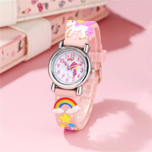 Police (Pink) Cute Candy Color Silicone Strap Unicorn Pattern Quartz Childrens Watch 1