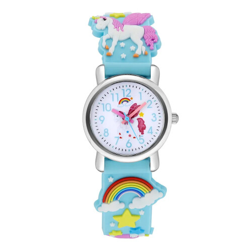 Police (Sky blue) Cute Candy Color Silicone Strap Unicorn Pattern Quartz Childrens Watch