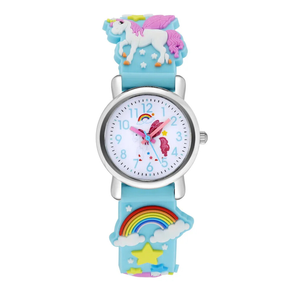 (Sky blue) Cute Candy Color Silicone Strap Unicorn Pattern Quartz Childrens Watch