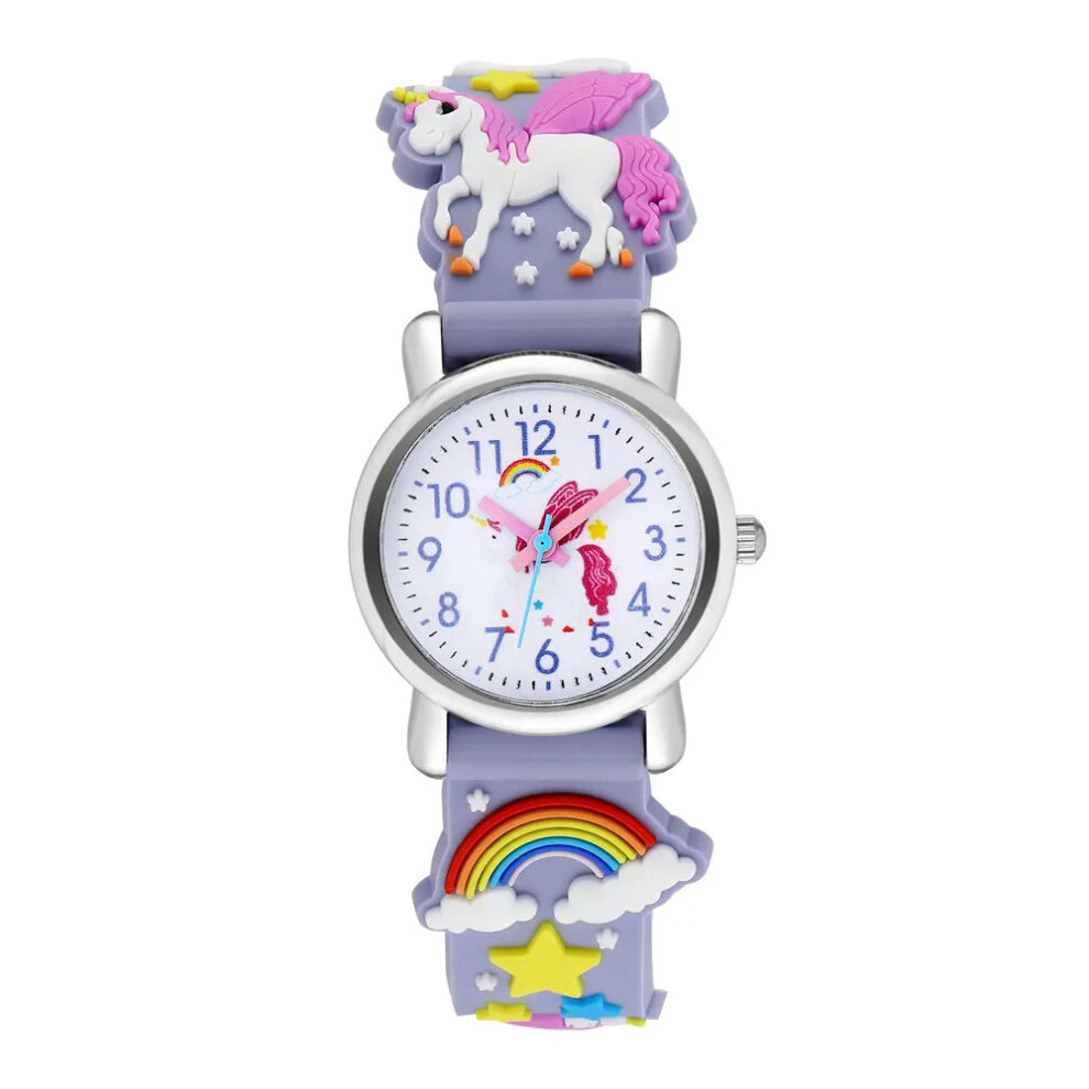 (Light Purple) Cute Candy Color Silicone Strap Unicorn Pattern Quartz Childrens Watch