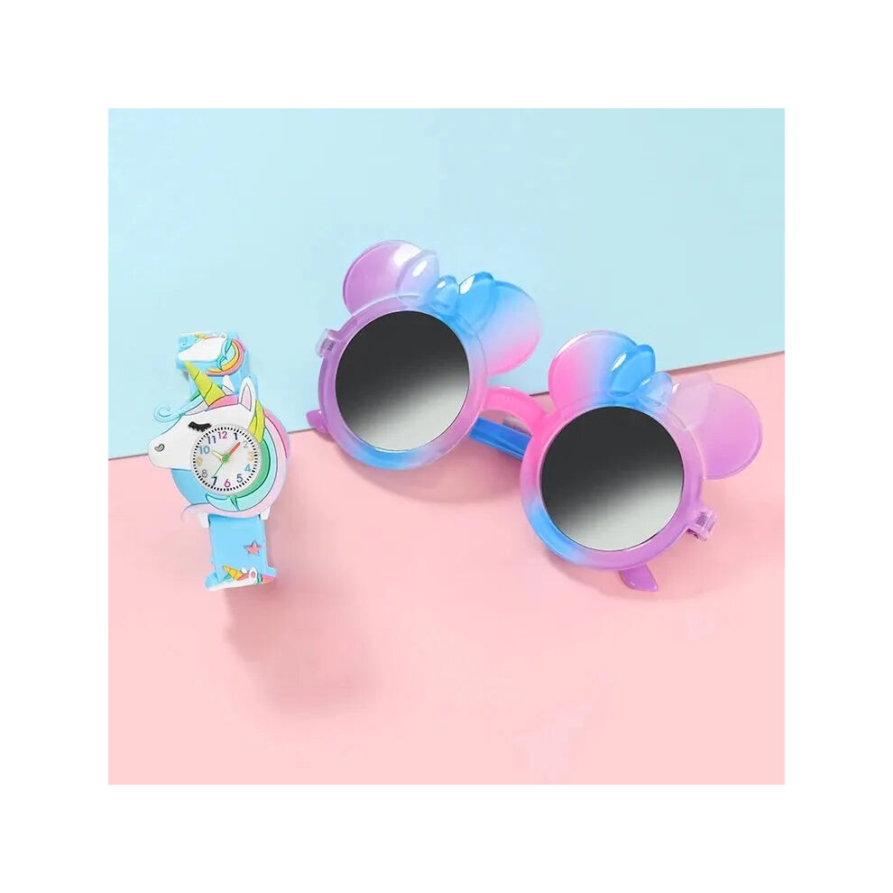 (Blue) Girls Kids Unicorn Quartz Silicone Watch Sunglasses Set