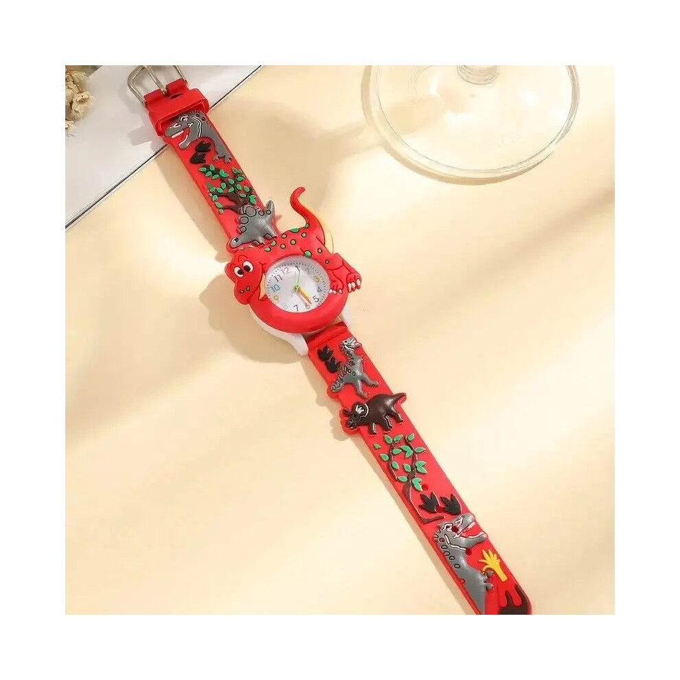 (Red) Kids 3D Dinosaur Silicone Quartz Watch