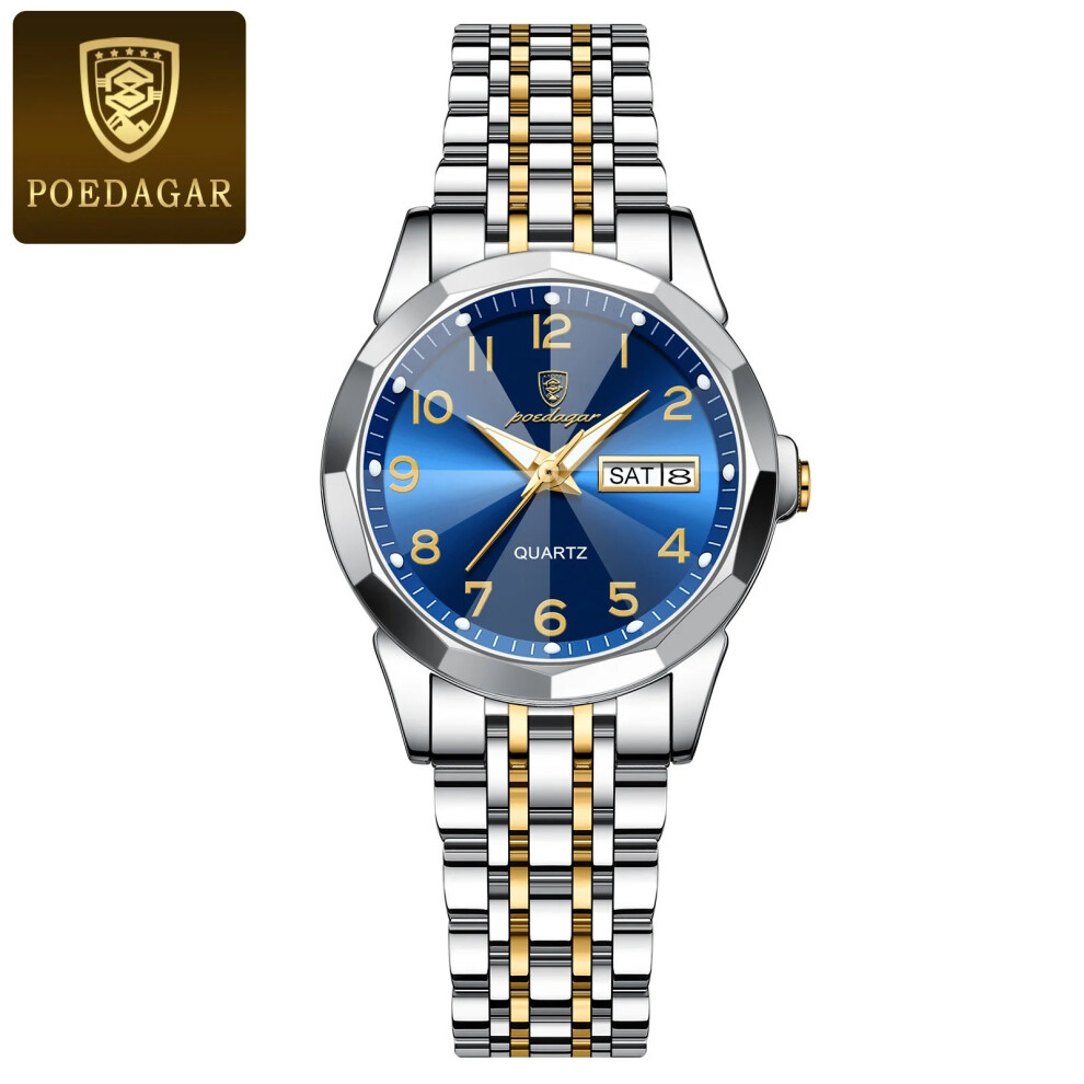 (Gold Blue) Luxury Ladies Wristwatch Waterproof Luminous Date Womens Quartz Watch
