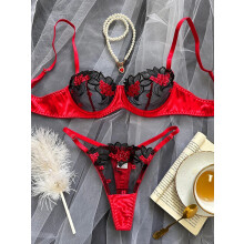 (Red Black, M) Fancy Lingerie Floral Lace Bra Set Bilizna Luxury Well Looking Underwear