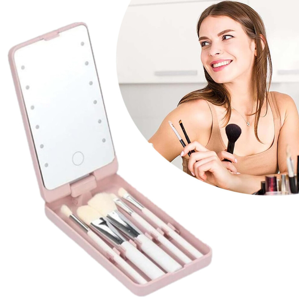 (Pink) White Travel Makeup Brush Set with LED Light Mirror