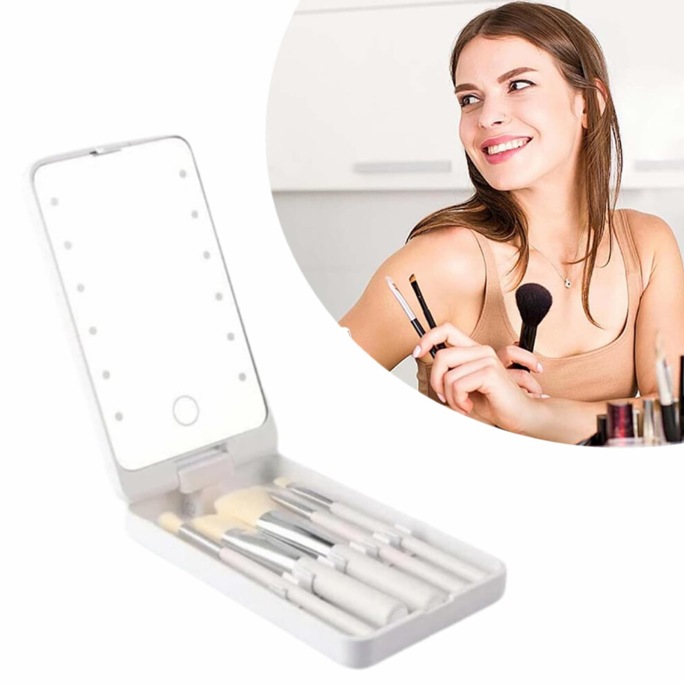 (White) White Travel Makeup Brush Set with LED Light Mirror