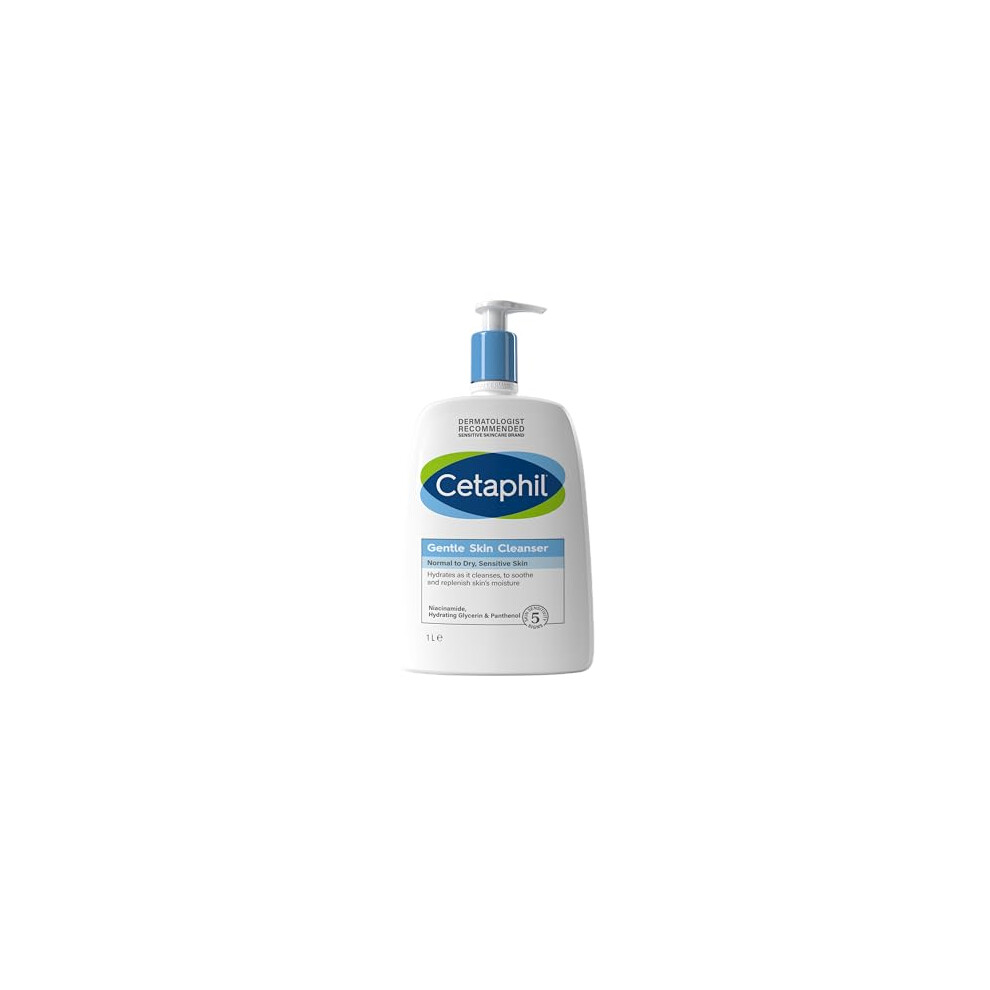 Cetaphil Gentle Skin Cleanser, 1L, Face & Body Wash, For Normal To Dry Sensitive Skin, With Niacinamide & Glycerin, Soap Free