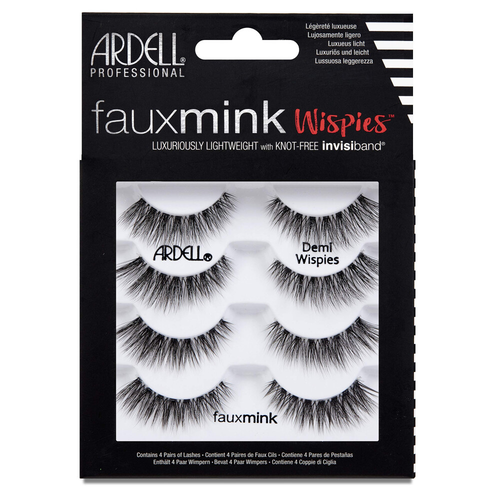 False Eyelashes Faux Mink Demi Wispies 4 Pairs Multipack Black Medium Volume Long Length Invisiband Lightweight Silky Soft Faux Mink Eyelashes
