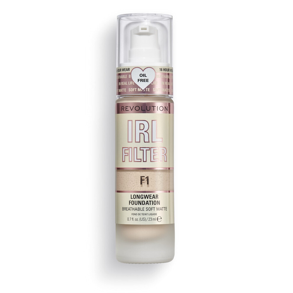 Revolution Beauty London Makeup Revolution Irl Filter, Longwear Foundation, Medium To Full Coverage, Matte Finish, 16 Hour Wear, F1, Fair To Light Skin Tones, 23Ml