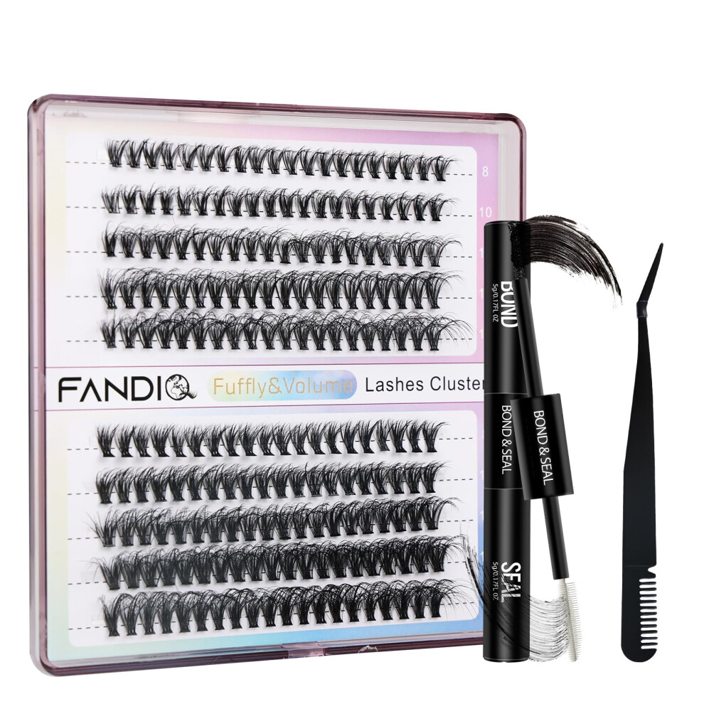 Fluffy Cluster Lashes Extension Kit,200pcs D Curl DIY Individual Eyelash Extension Kit,8-16MM Volume Cluster Lashes Wispy lash Kit with Lash Bond and