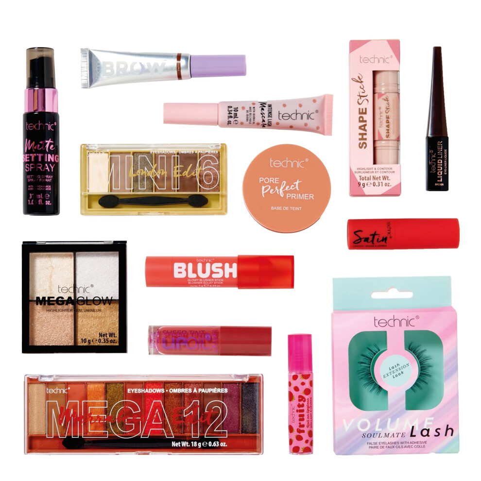 Mega Trends 14 Piece Gift Set - Full Size Cosmetic Gift Box - Products for Eyes, Cheeks, Face & Lips - Perfect for Makeup Enthusiasts - Vegan &
