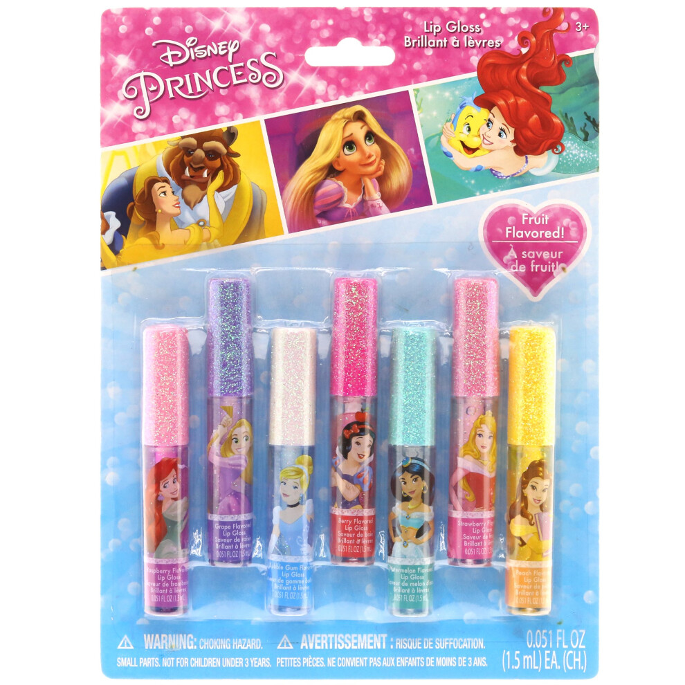 Townley Girl Disney Princess Kids Washable Party Favor Lip Gloss, 7 Flavors Include Cotton Candy, Strawberry, Raspberry, Bubble Gum, Grape, Peach And Cherry