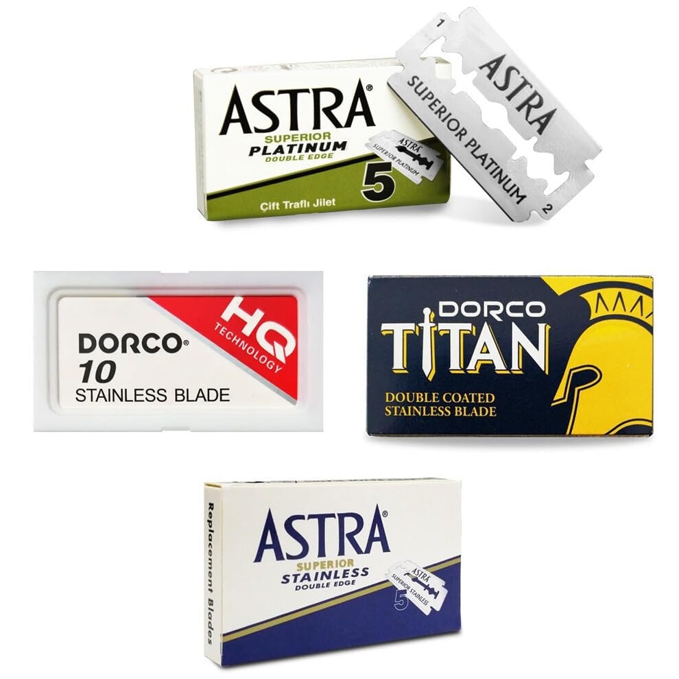 Astra Superior Platinum | Astra Superior Stainless | Dorco Titan Stainless | Dorco Red Stainless - 30 Premium Double Edge Razor Blades Set