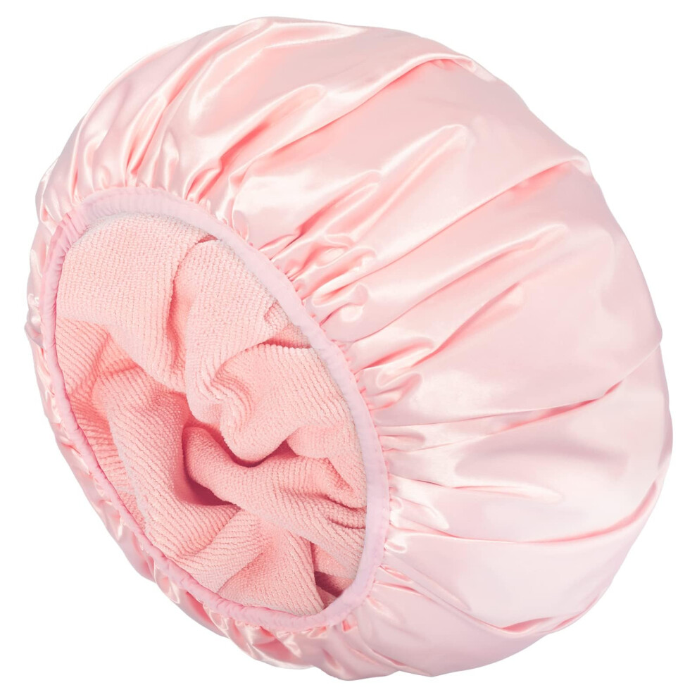 Aquior Pink Shower Cap,Triple Layer Shower Cap For Women, Reusable Waterproof Bath Cap,Silky Satin Outer Layer Terry Lining, Extra Large For Women Long Hair(Pink)