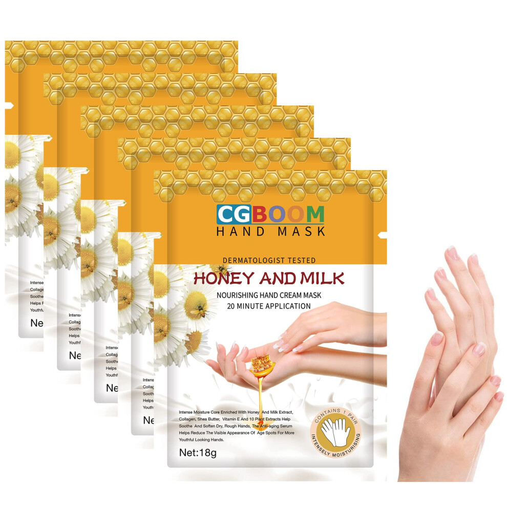 Cgboom 5 Pairs Hands Moisturizing Gloves, Hand Skin Repair Renew Mask W/Infused Collagen, Moisture Enhancing Gloves For Dry, Aging, Cracked Hands (Honey&Milk