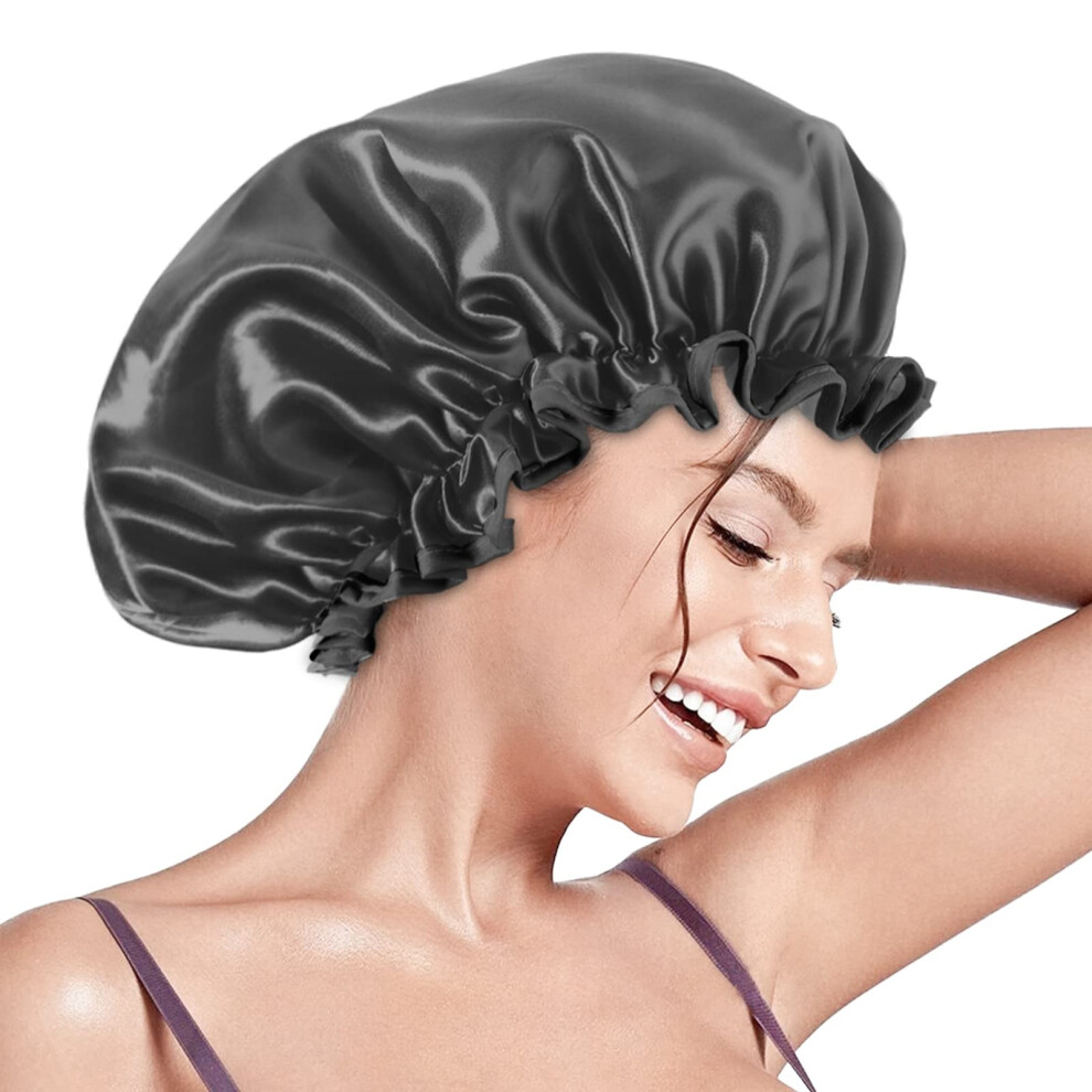 Aquior Black Shower Caps, Reusable Shower Cap For Women, Double Layer Waterproof Hair Cap, Large Size For All Hair Lengths,For Girls Spa Home Salon Use (Black)