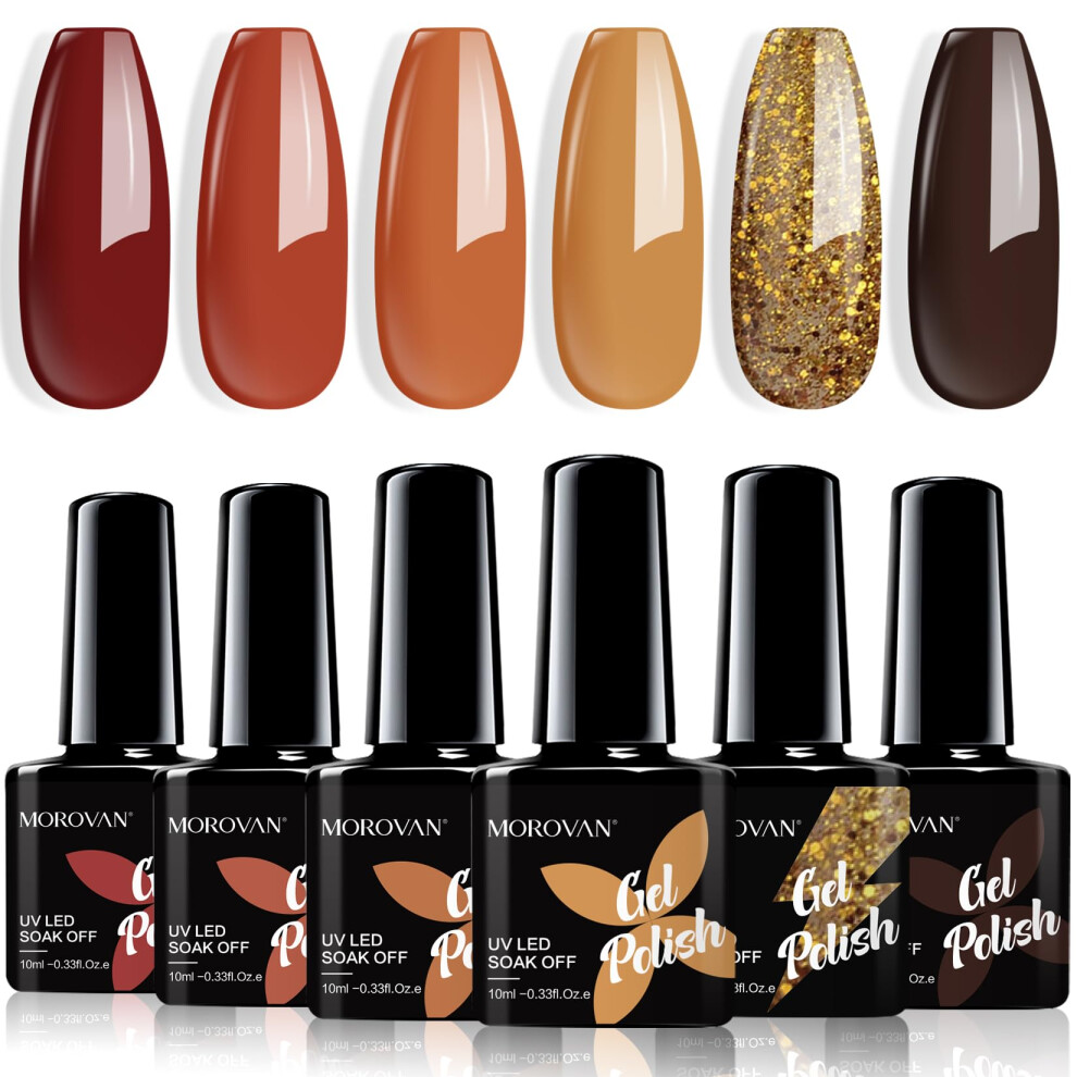 Gel Nail Polish Set: Glitter Orange Gold Dark Brown Gel Polish Set 6 Colors Autumn Nail Polish Gel Soak Off U V LED Nail Varnish Christmas Nail Art