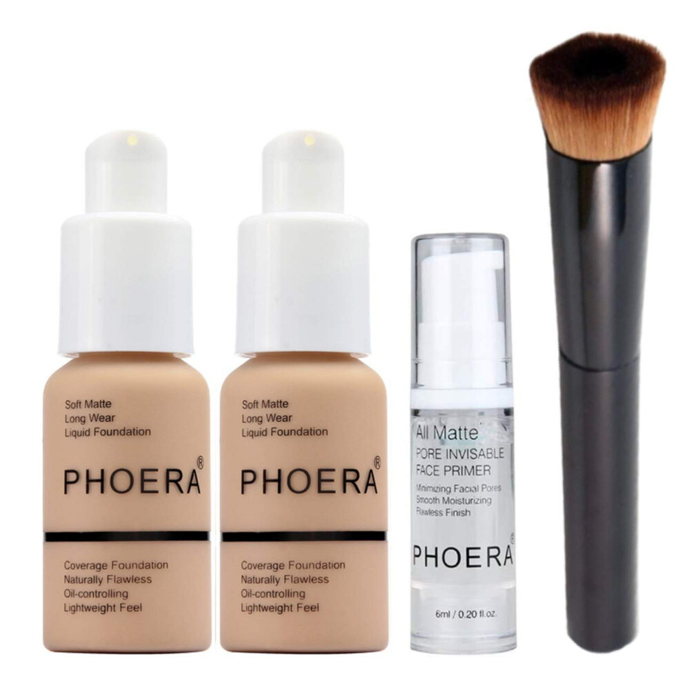 Glamza Peach Phoera Foundation Full Coverage Makeup Set - Includes X2 Warm 30Ml Matte Foundation, 6Ml Face Primer & Liquid Foundation Brush For Easy