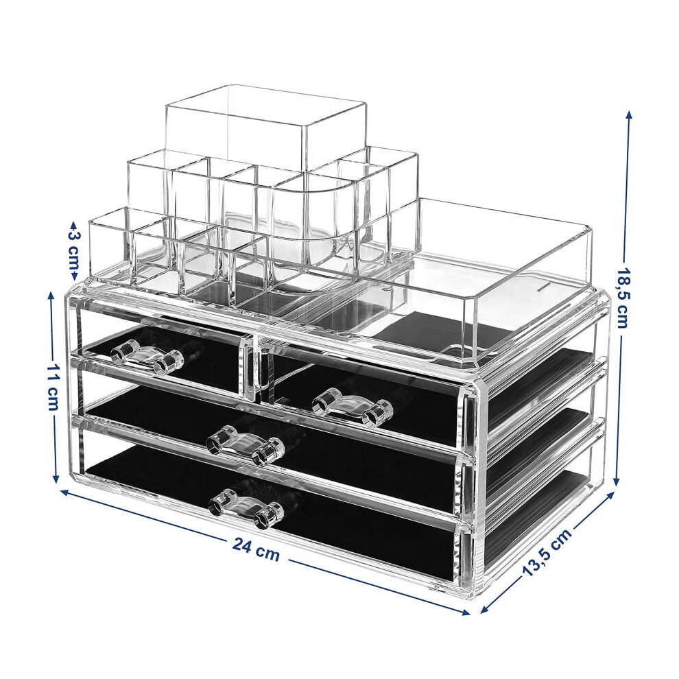 makeup-organiser--cosmetic-organiser--stackable--acrylic-case-with-11-compartments--4-drawers--for-dressing-table--vanity-counter-in-the-bedroom