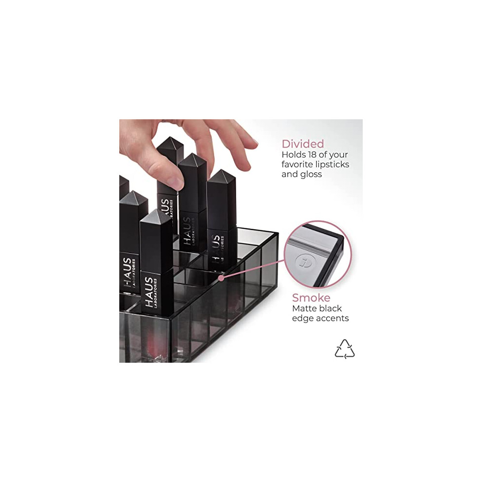 idesign-compartment-divided-lipstick-organiser-from-the-signature-series-by-sarah-tanno--long-rpet-makeup-organiser-storage--makeup-storage-box--smoke