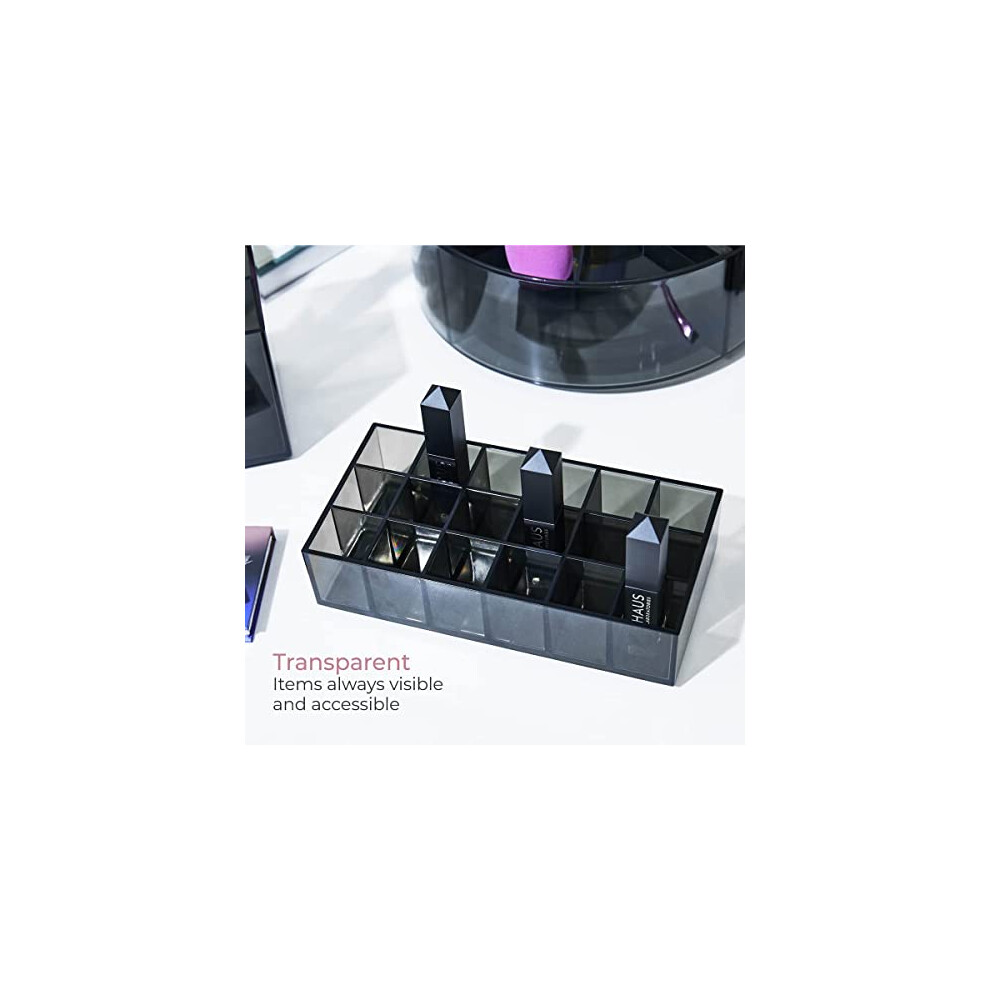 idesign-compartment-divided-lipstick-organiser-from-the-signature-series-by-sarah-tanno--long-rpet-makeup-organiser-storage--makeup-storage-box--smoke