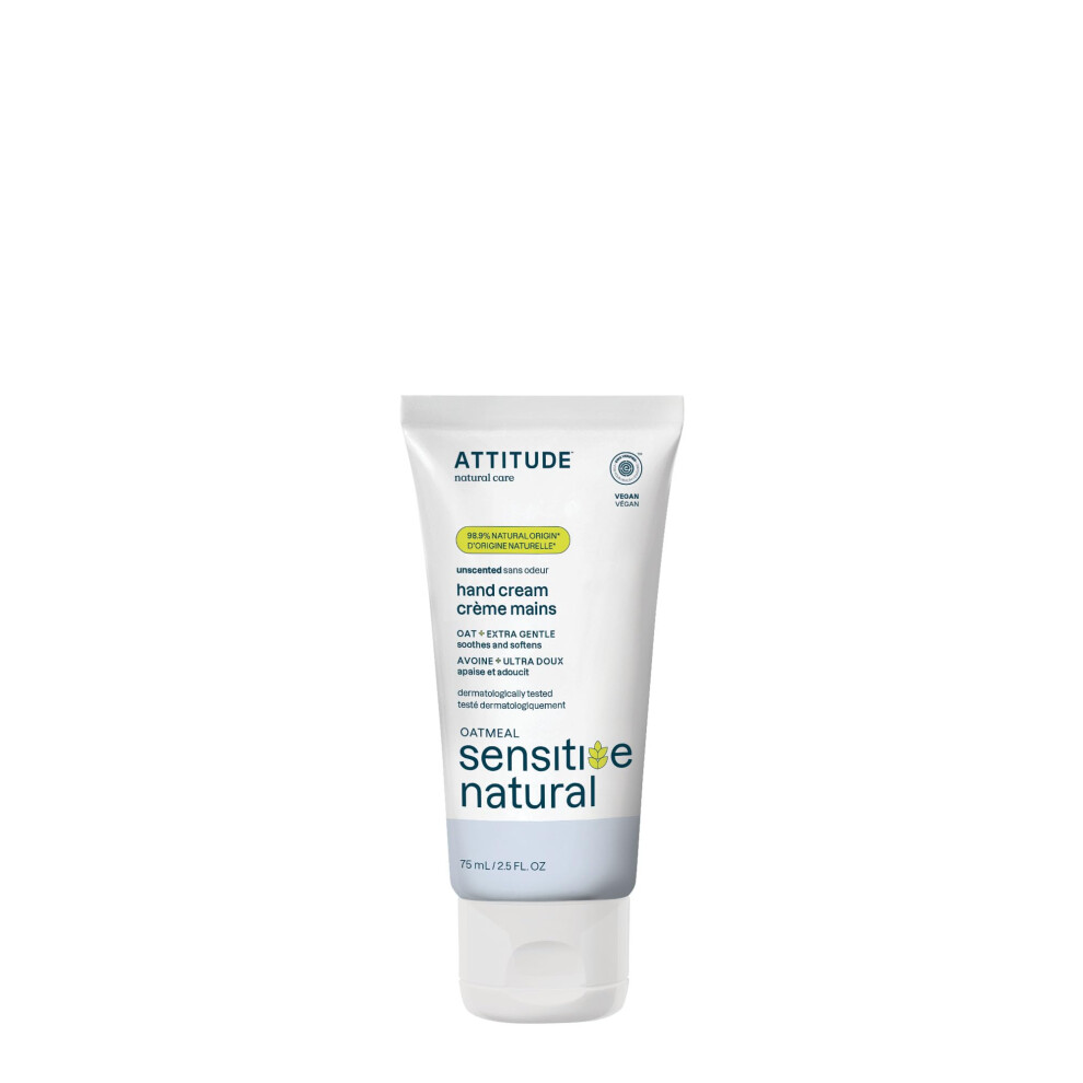 Attitude Cream Hand For Sensitive Skin With Oat, Ewg Verified, Dermatologically Tested, Vegan, Unscented, 75 Ml